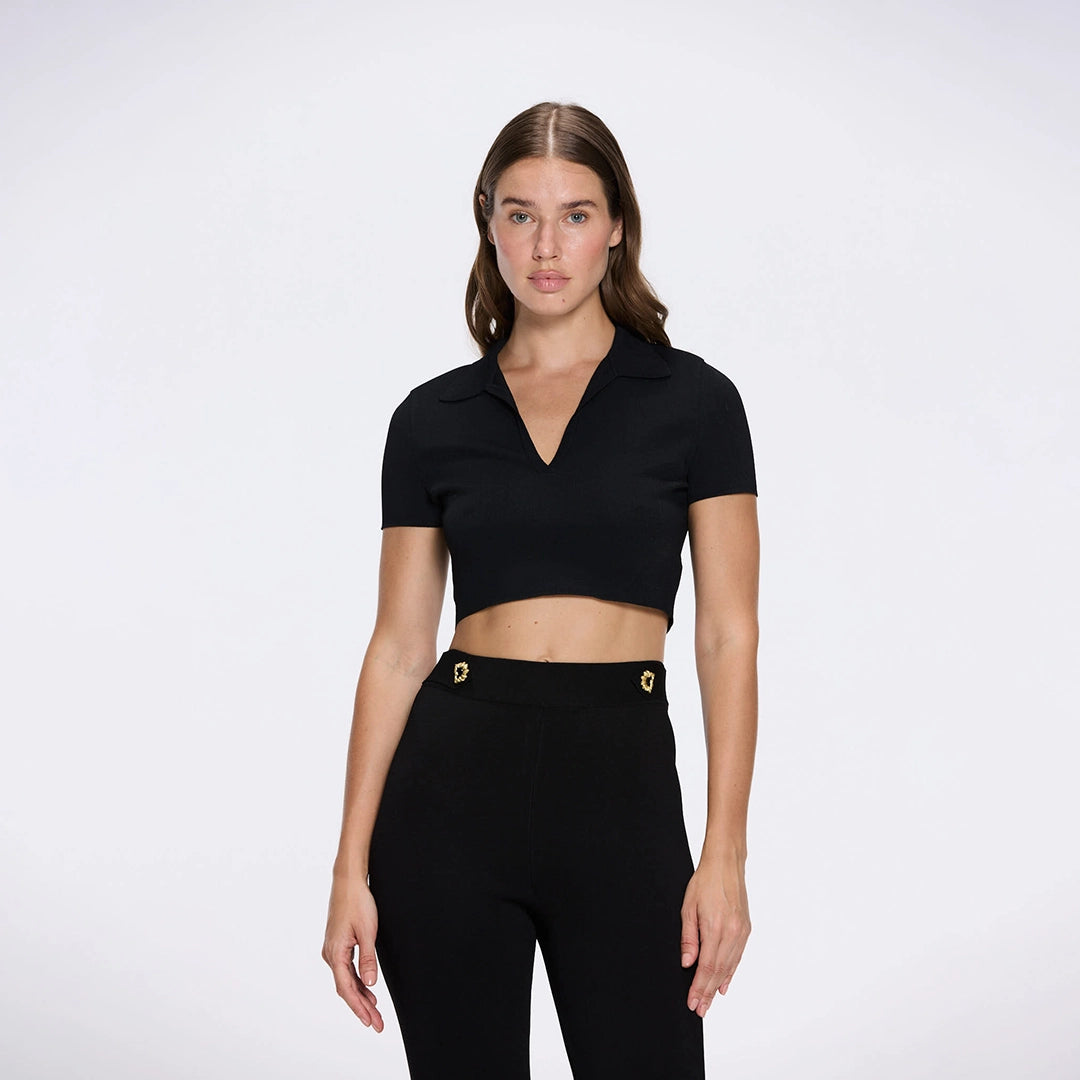 Shandy Polo Collar Knitted Crop Top And Colette Black Pants Set | Moeva | RTW Bustiers | Each week unveils new pieces—luxury swimwear, fluid resort silhouettes, and elevated summer-to-evening essentials designed to carry you from coastal escapes to city nights.