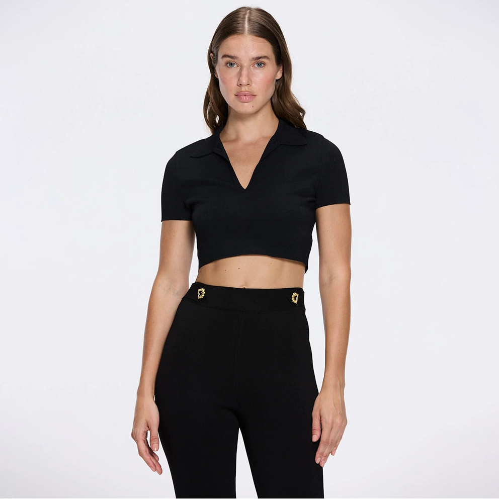 Shandy Black Polo Collar Knitted Crop Top | Moeva | Crop Top | Each week unveils new pieces—luxury swimwear, fluid resort silhouettes, and elevated summer-to-evening essentials designed to carry you from coastal escapes to city nights.