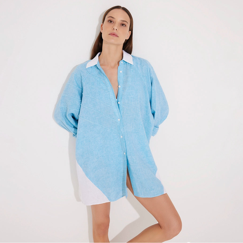 Sibilla Blue Long Sleeve Oversized Linen Shirt | Moeva | Shirt | Each week unveils new pieces—luxury swimwear, fluid resort silhouettes, and elevated summer-to-evening essentials designed to carry you from coastal escapes to city nights.