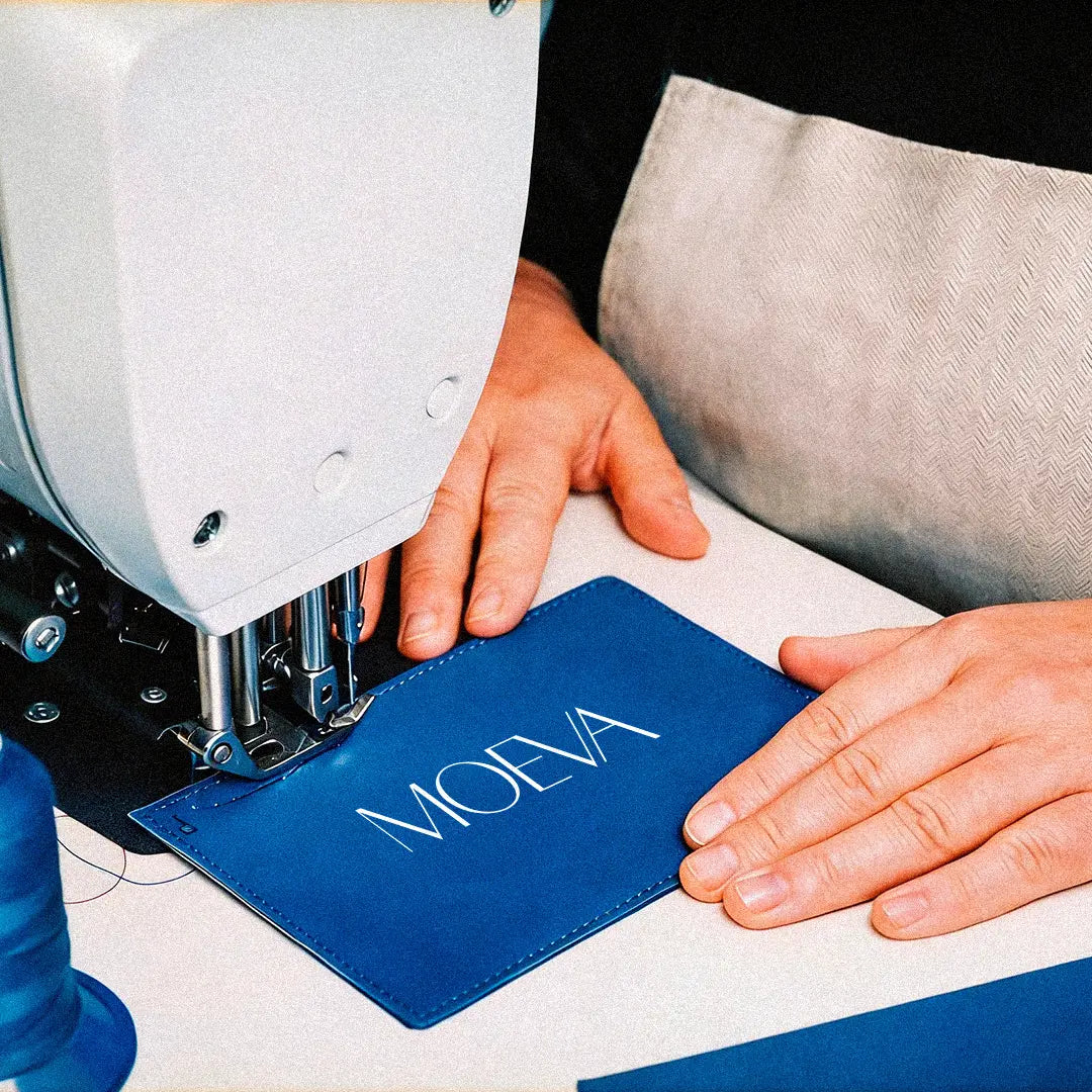 Moeva sustainable production process highlighting social responsibility, with an eco-friendly product carefully crafted using ethical practices and modern machinery