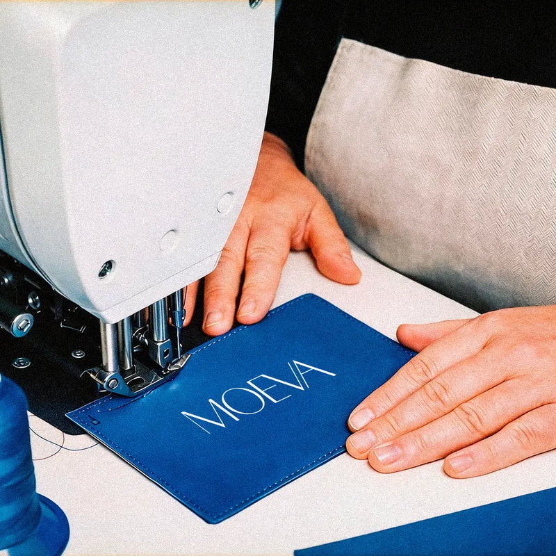 Moeva sustainable production process highlighting social responsibility, with an eco-friendly product carefully crafted using ethical practices and modern machinery