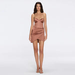 Solea Brown Satin Mini Dress with Gold Chain Strap Detail | Moeva | Dress | Each week unveils new pieces—luxury swimwear, fluid resort silhouettes, and elevated summer-to-evening essentials designed to carry you from coastal escapes to city nights.