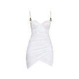 Solea White Satin Mini Dress with Gold Chain Strap Detail | Moeva | Dress | Each week unveils new pieces—luxury swimwear, fluid resort silhouettes, and elevated summer-to-evening essentials designed to carry you from coastal escapes to city nights.