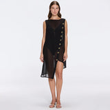 Solianne Black Sheer Sleeveless Asymmetric Dress with Gold Button Detail | Moeva | Beachwear Dresses | Each week unveils new pieces—luxury swimwear, fluid resort silhouettes, and elevated summer-to-evening essentials designed to carry you from coastal escapes to city nights.