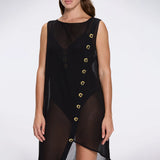 Solianne Black Sheer Sleeveless Asymmetric Dress with Gold Button Detail | Moeva | Beachwear Dresses | Each week unveils new pieces—luxury swimwear, fluid resort silhouettes, and elevated summer-to-evening essentials designed to carry you from coastal escapes to city nights.