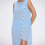 Solianne Blue Sheer Sleeveless Asymmetric Dress with Gold Button Detail | Moeva | Beachwear Dresses | Each week unveils new pieces—luxury swimwear, fluid resort silhouettes, and elevated summer-to-evening essentials designed to carry you from coastal escapes to city nights.