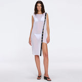 Solianne White Sheer Sleeveless Asymmetric Dress with Gold Button Detail | Moeva | Beachwear Dresses | Each week unveils new pieces—luxury swimwear, fluid resort silhouettes, and elevated summer-to-evening essentials designed to carry you from coastal escapes to city nights.
