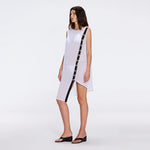 Solianne White Sheer Sleeveless Asymmetric Dress with Gold Button Detail | Moeva | Beachwear Dresses | Each week unveils new pieces—luxury swimwear, fluid resort silhouettes, and elevated summer-to-evening essentials designed to carry you from coastal escapes to city nights.