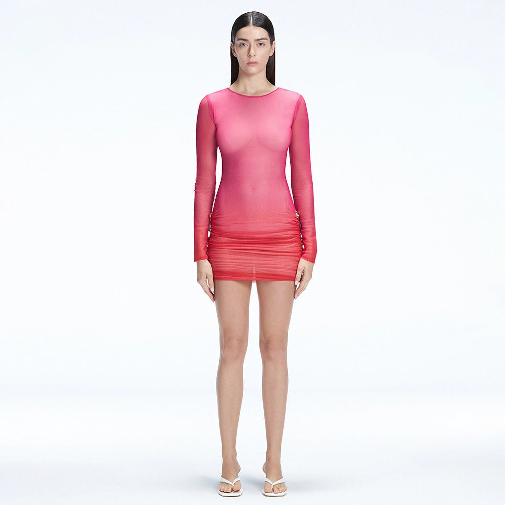 Sylvie Pink Optical Long Sleeve Mini Dress | Moeva | Dress | Each week unveils new pieces—luxury swimwear, fluid resort silhouettes, and elevated summer-to-evening essentials designed to carry you from coastal escapes to city nights.