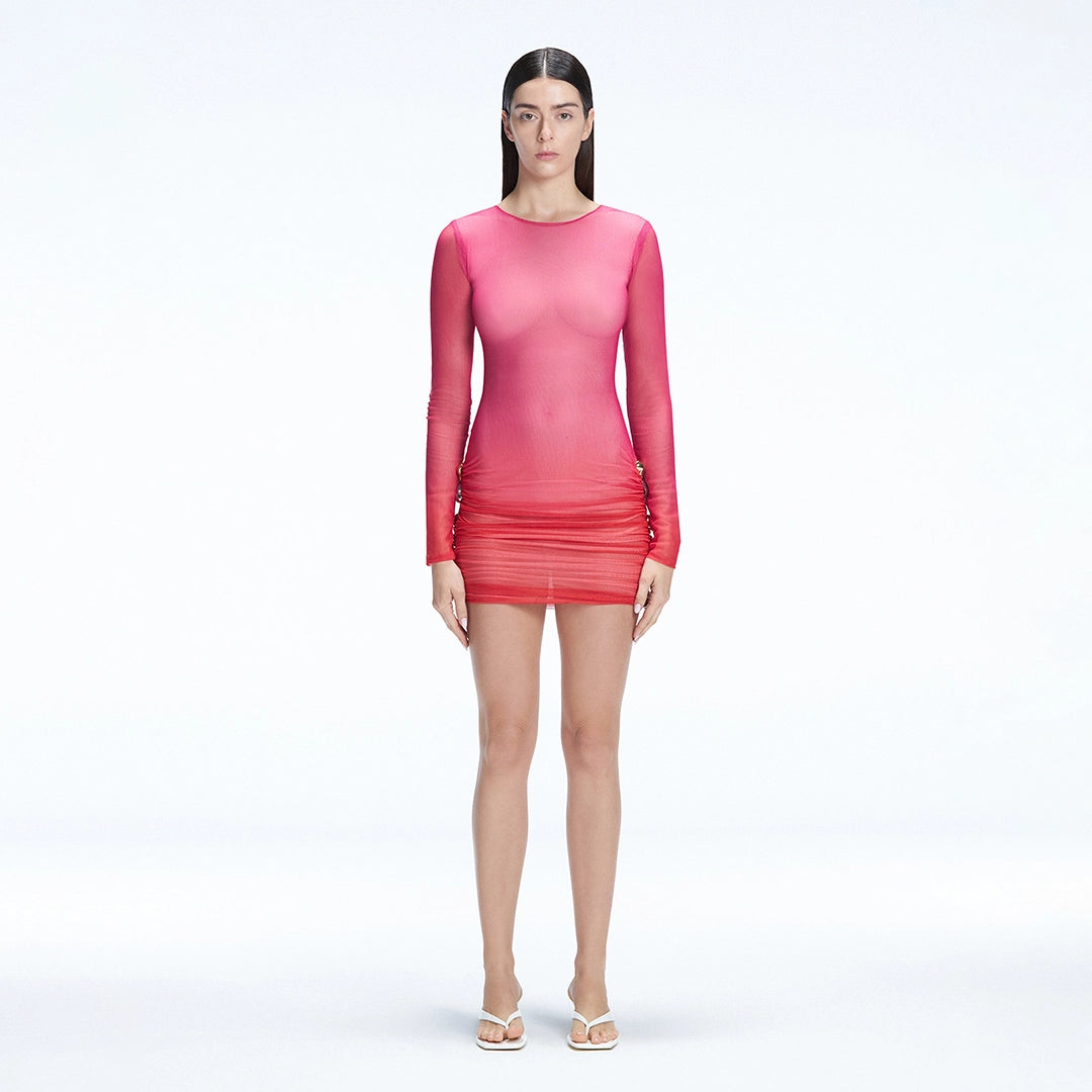 Sylvie Pink Optical Long Sleeve Mini Dress | Moeva | Beachwear Dresses | Each week unveils new pieces—luxury swimwear, fluid resort silhouettes, and elevated summer-to-evening essentials designed to carry you from coastal escapes to city nights.