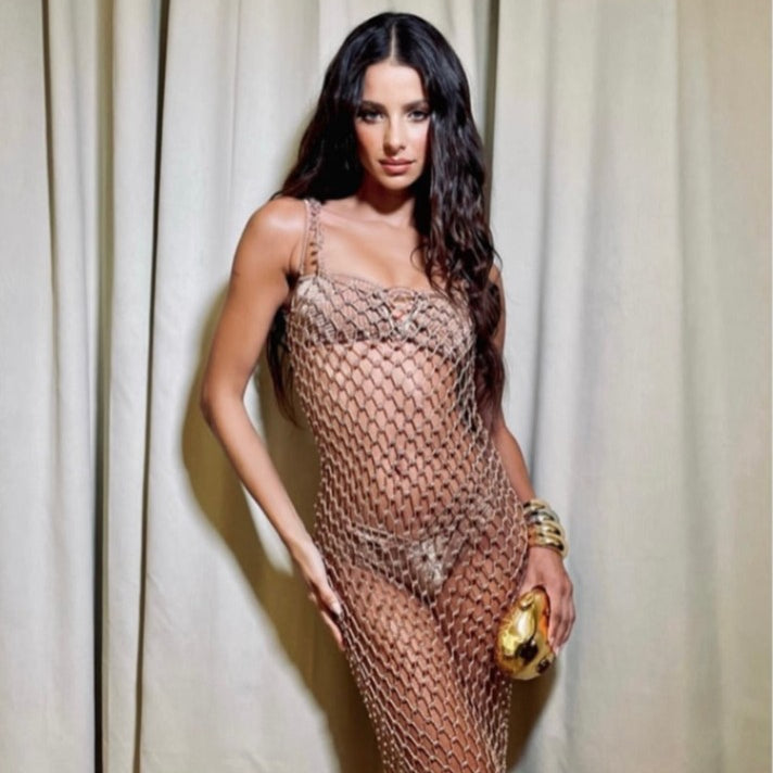 Bruna Lirio - Aliana Bronze Macrame Net Maxi Dress with Glass Bead Details & Nixie Bronze Bandeau Mid Coverage Bikini Set | Moeva | Dress | Each week unveils new pieces—luxury swimwear, fluid resort silhouettes, and elevated summer-to-evening essentials designed to carry you from coastal escapes to city nights.