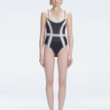 Front view of model wearing Seraphina Black Optical One Piece with scoop neck and boned torso for support.
