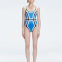 Front view of model wearing Seraphina Blue Optical One Piece with scoop neck and boned torso for support.
