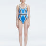 Front view of model wearing Seraphina Blue Optical One Piece with scoop neck and boned torso for support.
