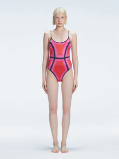 Front view of model wearing Seraphina Red Optical One Piece with scoop neck and boned torso for support.
