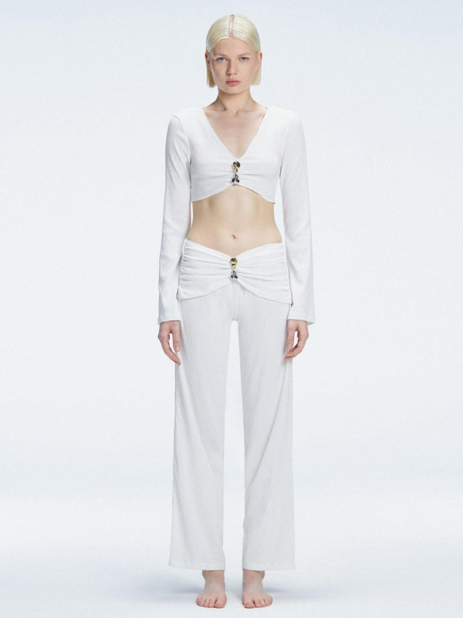 Sirenia White Long Sleeve Accessory-Detail Crop Top | Moeva | Crop Top | Each week unveils new pieces—luxury swimwear, fluid resort silhouettes, and elevated summer-to-evening essentials designed to carry you from coastal escapes to city nights.