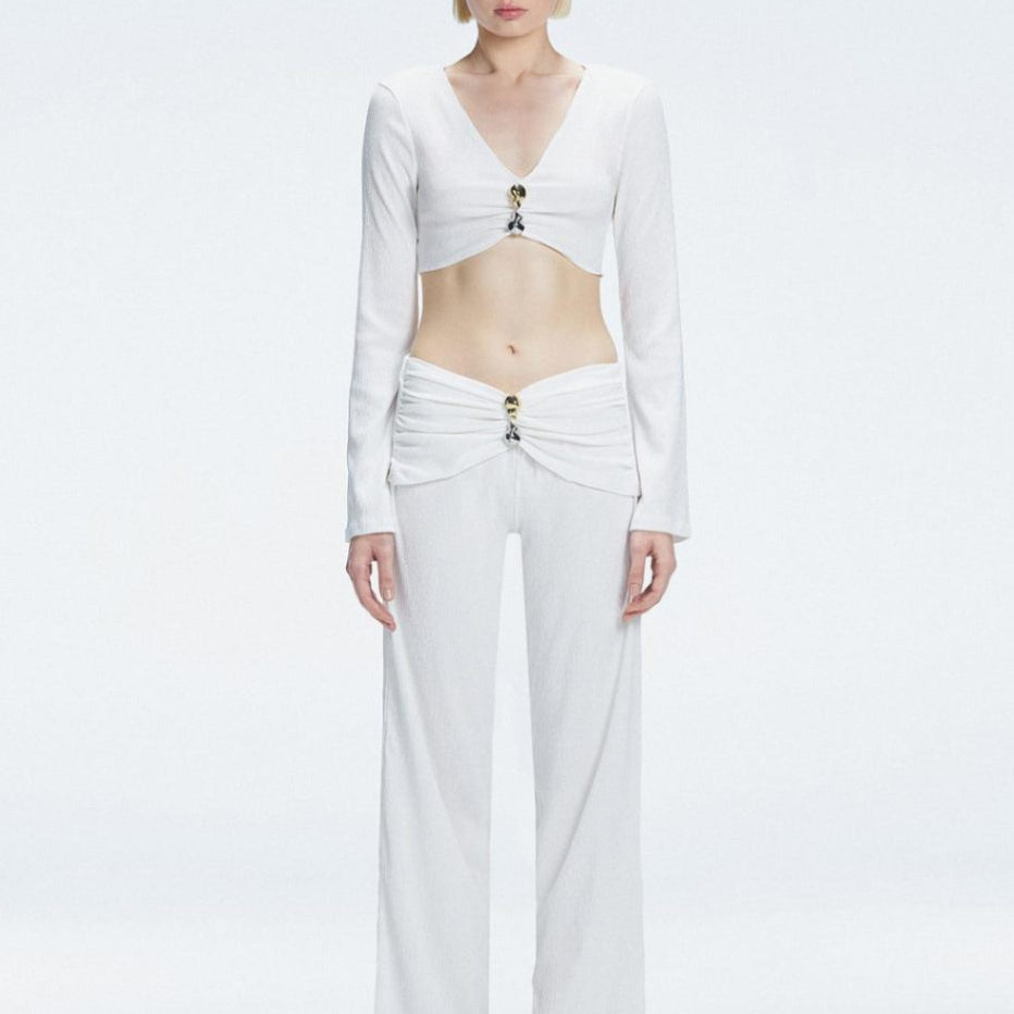 Sirenia White Long Sleeve Accessory-Detail Crop Top | Moeva | Crop Top | Each week unveils new pieces—luxury swimwear, fluid resort silhouettes, and elevated summer-to-evening essentials designed to carry you from coastal escapes to city nights.
