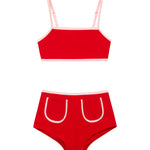 Sunny Red Kids Bikini Bottom laid flat, highlighting the vibrant red color and practical pocket design.
