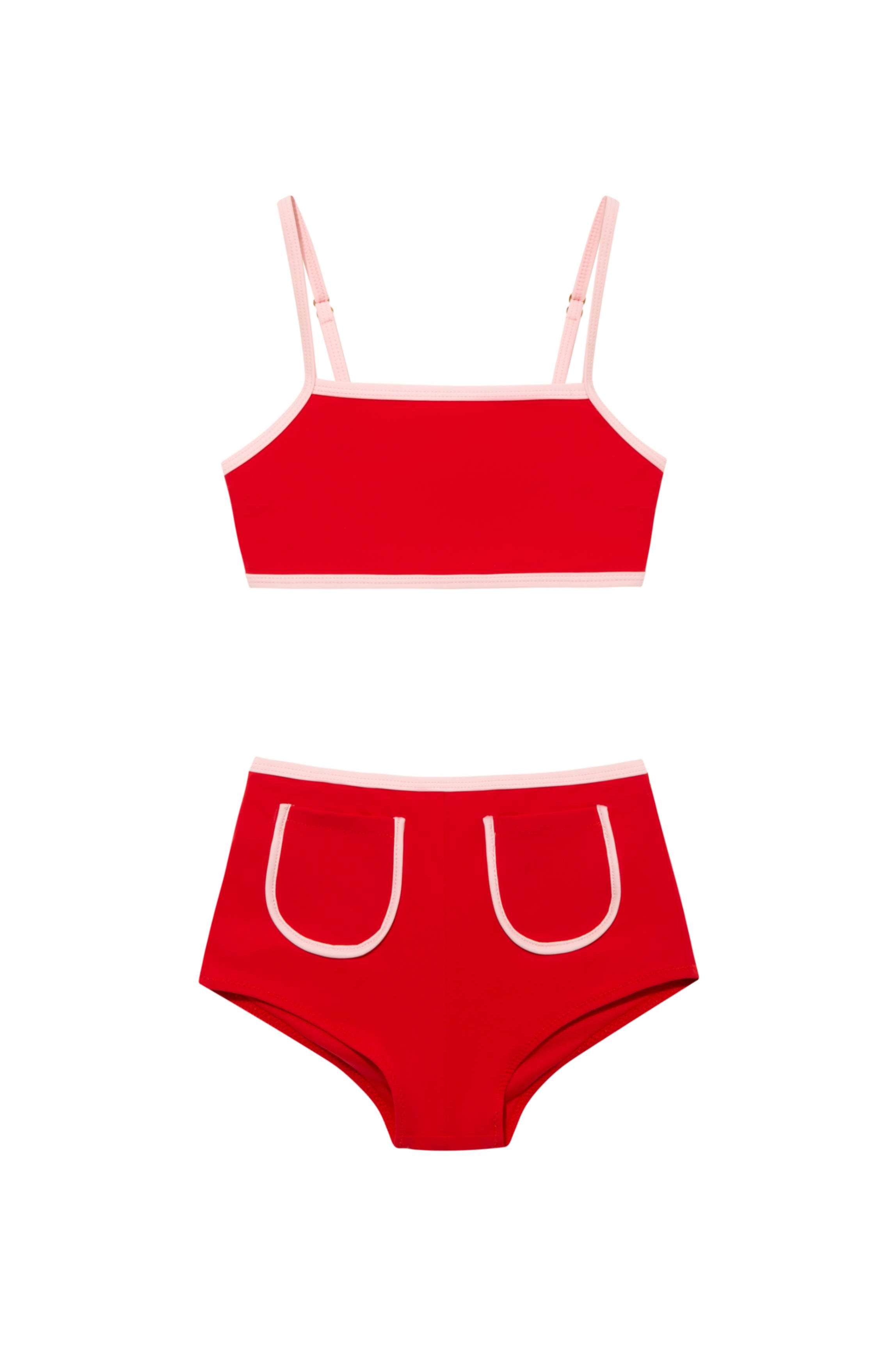 Sunny Red Kids Bikini Bottom laid flat, highlighting the vibrant red color and practical pocket design.
