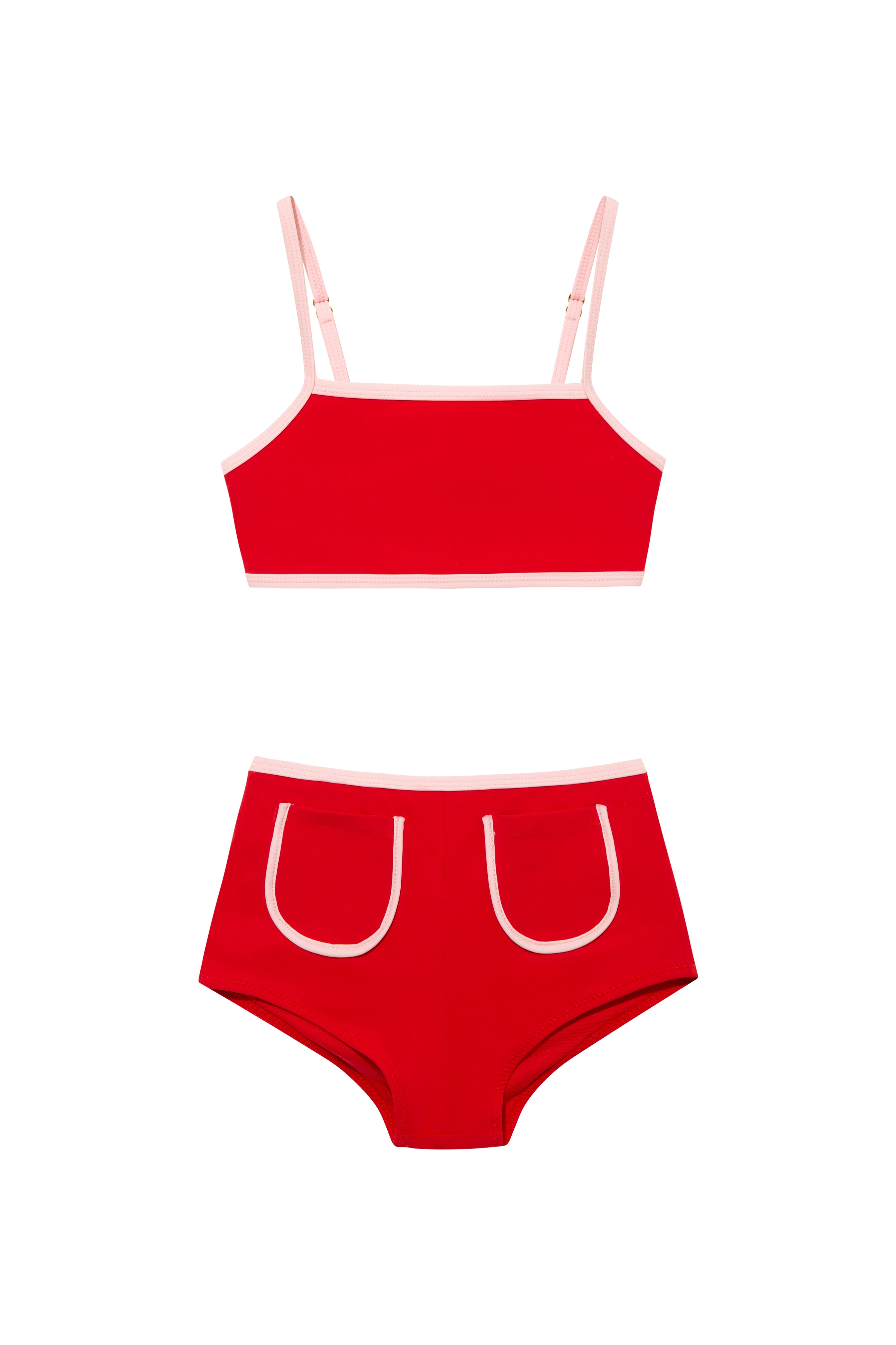 Sunny Red Kids Bikini Bottom laid flat, highlighting the vibrant red color and practical pocket design.
