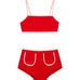 Sunny Red Kids Bikini Bottom laid flat, highlighting the vibrant red color and practical pocket design.
