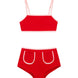 Sunny Red Kids Bikini Bottom laid flat, highlighting the vibrant red color and practical pocket design.
