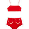 Sunny Red Kids Bikini Bottom laid flat, highlighting the vibrant red color and practical pocket design.
