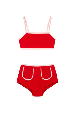 Sunny Red Kids Bikini Set laid flat, showcasing the vibrant red color and stylish square neck design.
