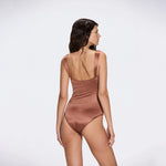 Talia V Neck with Gold Detail Satin Brown Swimsuit | Moeva | Swimsuit | Each week unveils new pieces—luxury swimwear, fluid resort silhouettes, and elevated summer-to-evening essentials designed to carry you from coastal escapes to city nights.