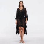 Tata Black Sheer Gold Buttoned Belted Kaftan with Asymmetric Hem | Moeva | Kaftans | Each week unveils new pieces—luxury swimwear, fluid resort silhouettes, and elevated summer-to-evening essentials designed to carry you from coastal escapes to city nights.
