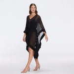 Tata Black Sheer Gold Buttoned Belted Kaftan with Asymmetric Hem | Moeva | Kaftans | Each week unveils new pieces—luxury swimwear, fluid resort silhouettes, and elevated summer-to-evening essentials designed to carry you from coastal escapes to city nights.