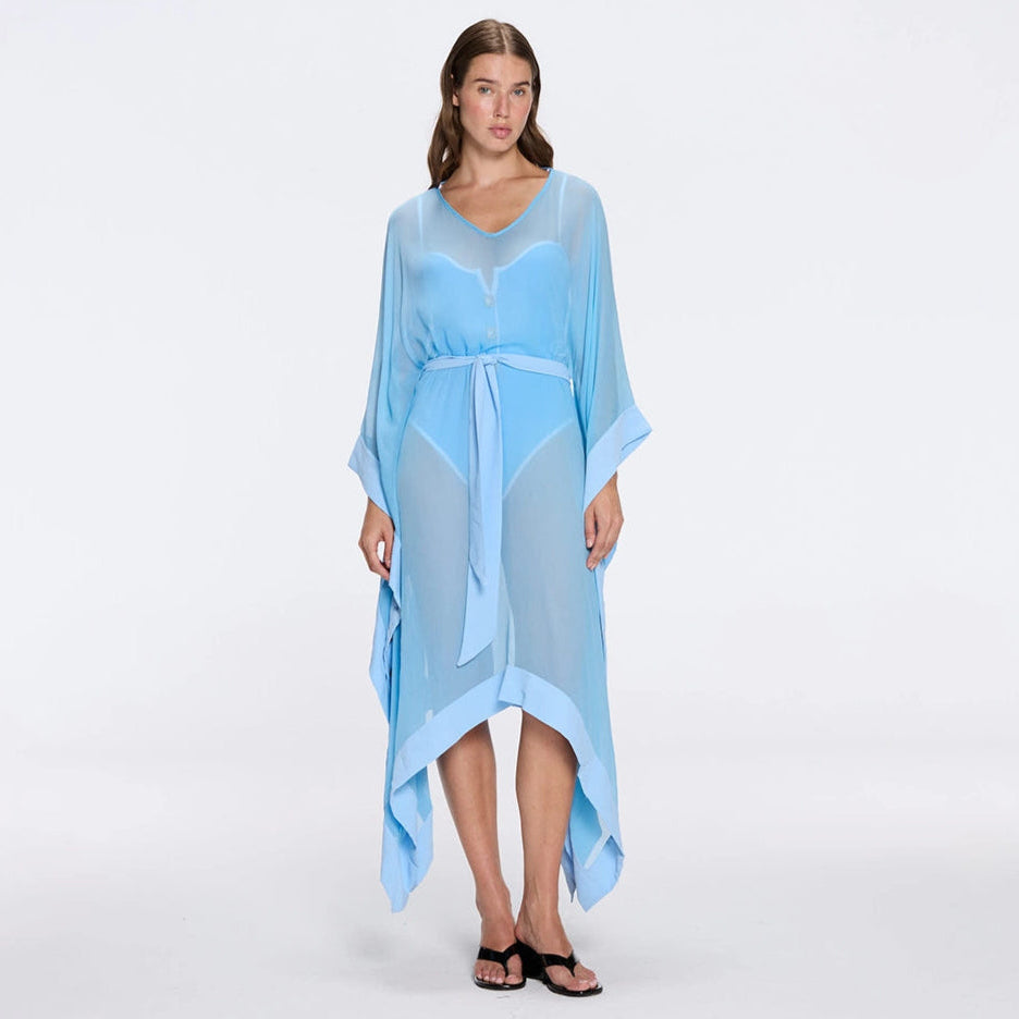 Tata Blue Sheer Gold Buttoned Belted Kaftan with Asymmetric Hem | Moeva | Kaftan | Each week unveils new pieces—luxury swimwear, fluid resort silhouettes, and elevated summer-to-evening essentials designed to carry you from coastal escapes to city nights.