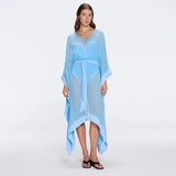 Tata Blue Sheer Gold Buttoned Belted Kaftan with Asymmetric Hem | Moeva | Kaftans | Each week unveils new pieces—luxury swimwear, fluid resort silhouettes, and elevated summer-to-evening essentials designed to carry you from coastal escapes to city nights.