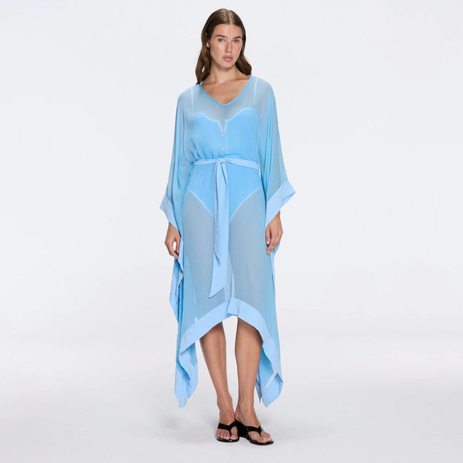Tata Blue Sheer Gold Buttoned Belted Kaftan with Asymmetric Hem | Moeva | Kaftans | Each week unveils new pieces—luxury swimwear, fluid resort silhouettes, and elevated summer-to-evening essentials designed to carry you from coastal escapes to city nights.