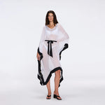 Tata White-Black Sheer Gold Buttoned Belted Kaftan with Asymmetric Hem | Moeva | Kaftans | Each week unveils new pieces—luxury swimwear, fluid resort silhouettes, and elevated summer-to-evening essentials designed to carry you from coastal escapes to city nights.