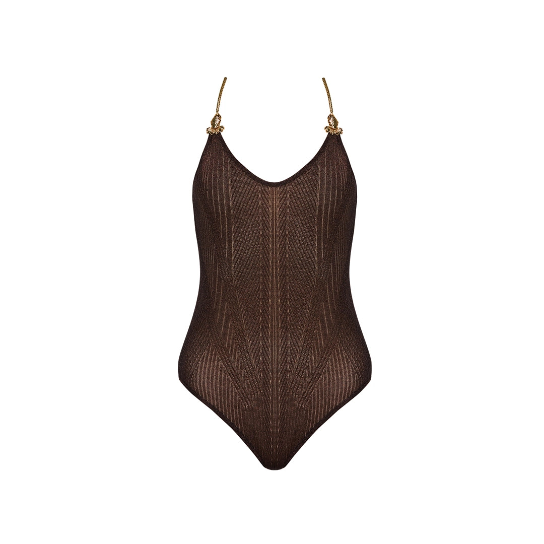 Tropezia Scoop Neck Brown Knitted Gold Chain Straps Swimsuit | Moeva | Swimsuit | Each week unveils new pieces—luxury swimwear, fluid resort silhouettes, and elevated summer-to-evening essentials designed to carry you from coastal escapes to city nights.