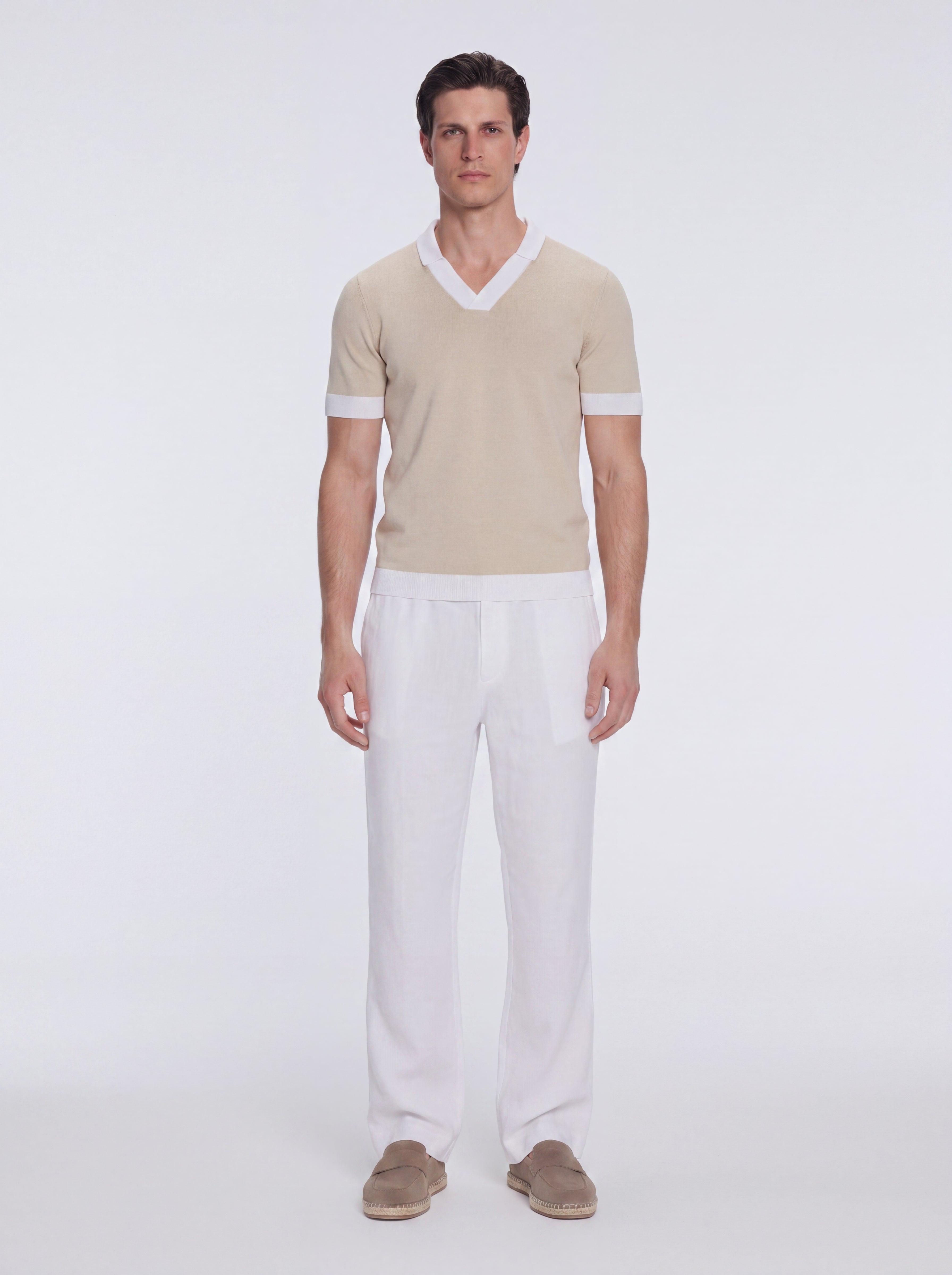 Troy Nude/White V-Neck T-Shirt with Contrast Trim | Moeva | T-Shirt | Each week unveils new pieces—luxury swimwear, fluid resort silhouettes, and elevated summer-to-evening essentials designed to carry you from coastal escapes to city nights.