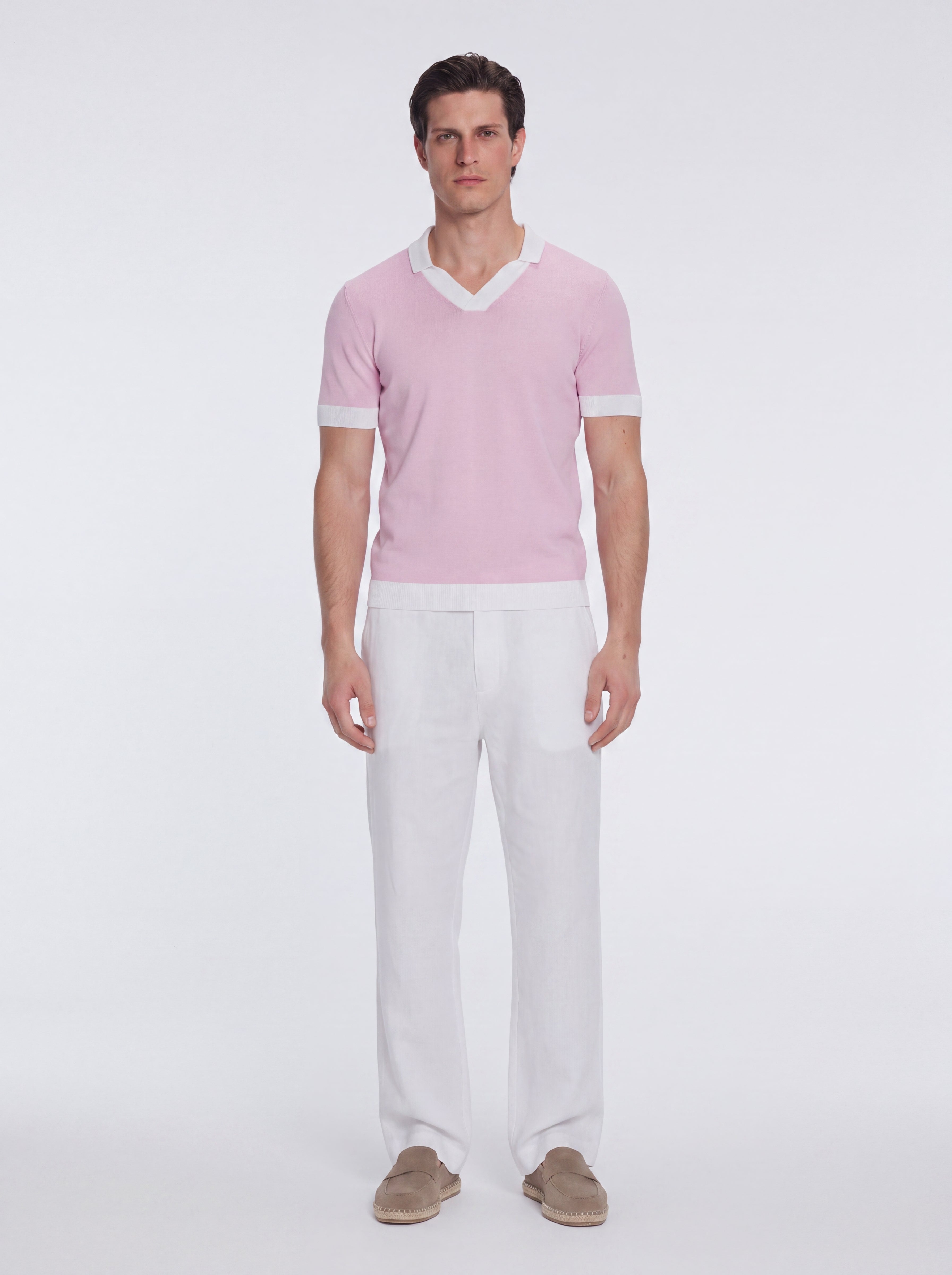 Troy Pink/White V-Neck T-Shirt with Contrast Trim | Moeva | T-Shirt | Each week unveils new pieces—luxury swimwear, fluid resort silhouettes, and elevated summer-to-evening essentials designed to carry you from coastal escapes to city nights.