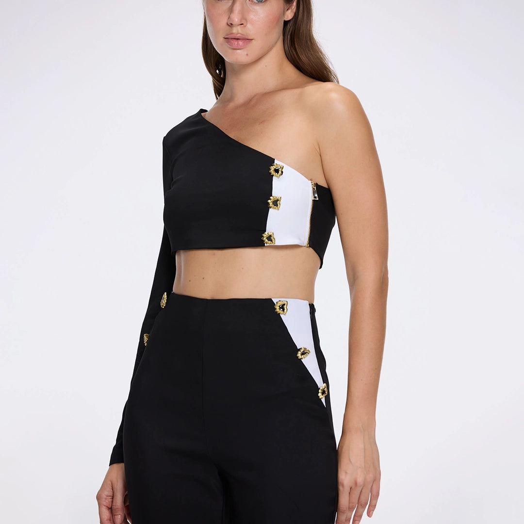 Villamar One-Shoulder Crop Top And Evangeline High Waist Black-White Pants Set | Moeva | RTW Bustiers | Each week unveils new pieces—luxury swimwear, fluid resort silhouettes, and elevated summer-to-evening essentials designed to carry you from coastal escapes to city nights.