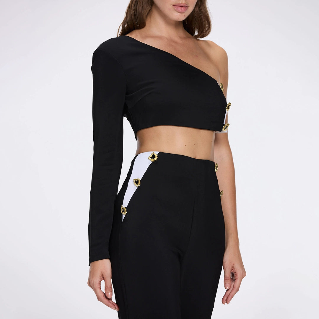 Villamar One-Shoulder Crop Top And Evangeline High Waist Black-White Pants Set | Moeva | RTW Bustiers | Each week unveils new pieces—luxury swimwear, fluid resort silhouettes, and elevated summer-to-evening essentials designed to carry you from coastal escapes to city nights.