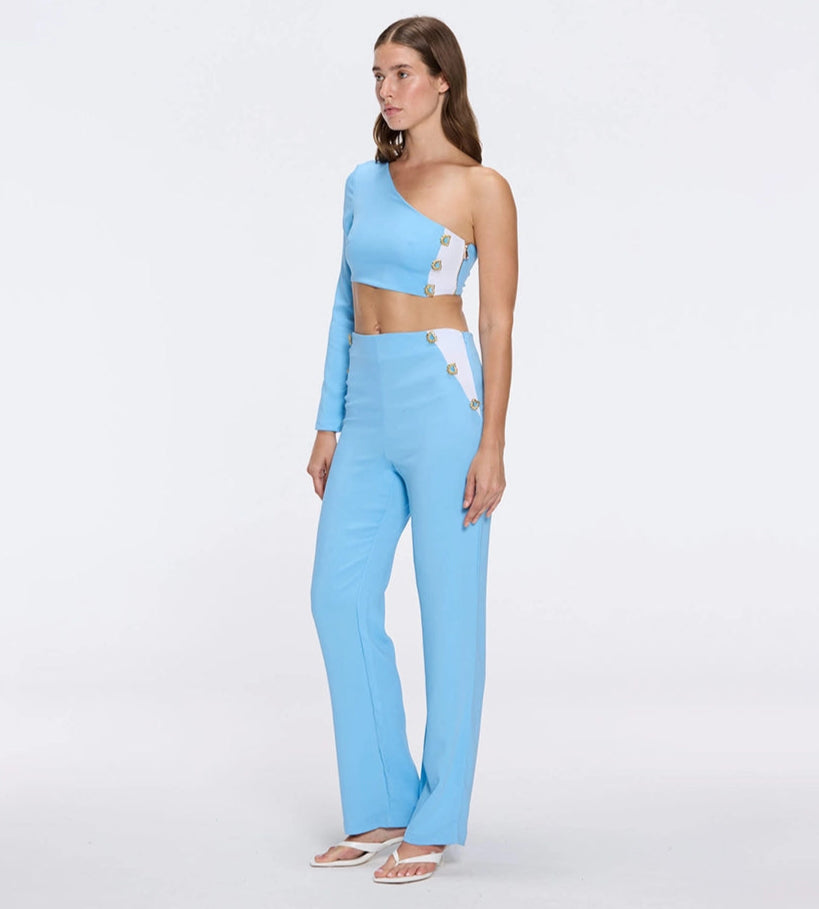 Villamar One-Shoulder Crop Top And Evangeline High Waist Blue-White Pants Set | Moeva | RTW Bustiers | Each week unveils new pieces—luxury swimwear, fluid resort silhouettes, and elevated summer-to-evening essentials designed to carry you from coastal escapes to city nights.