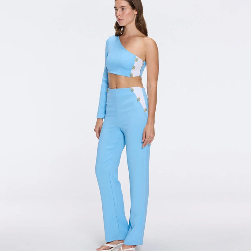 Villamar One-Shoulder Crop Top And Evangeline High Waist Blue-White Pants Set | Moeva | Set | Each week unveils new pieces—luxury swimwear, fluid resort silhouettes, and elevated summer-to-evening essentials designed to carry you from coastal escapes to city nights.