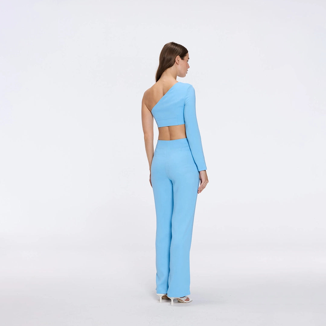 Villamar One-Shoulder Crop Top And Evangeline High Waist Blue-White Pants Set | Moeva | RTW Bustiers | Each week unveils new pieces—luxury swimwear, fluid resort silhouettes, and elevated summer-to-evening essentials designed to carry you from coastal escapes to city nights.