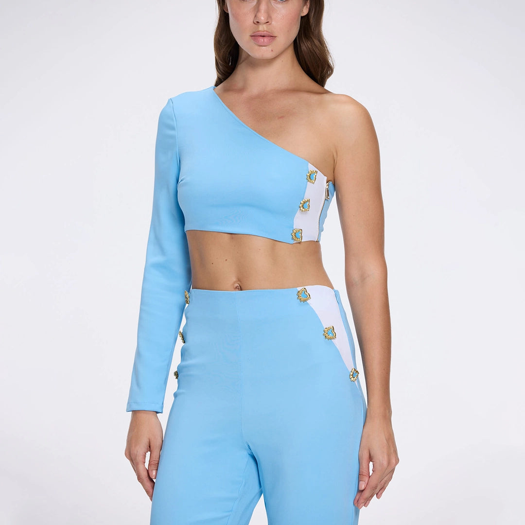 Villamar One-Shoulder Crop Top And Evangeline High Waist Blue-White Pants Set | Moeva | RTW Bustiers | Each week unveils new pieces—luxury swimwear, fluid resort silhouettes, and elevated summer-to-evening essentials designed to carry you from coastal escapes to city nights.