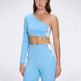 Villamar One-Shoulder Crop Top And Evangeline High Waist Blue-White Pants Set | Moeva | RTW Bustiers | Each week unveils new pieces—luxury swimwear, fluid resort silhouettes, and elevated summer-to-evening essentials designed to carry you from coastal escapes to city nights.