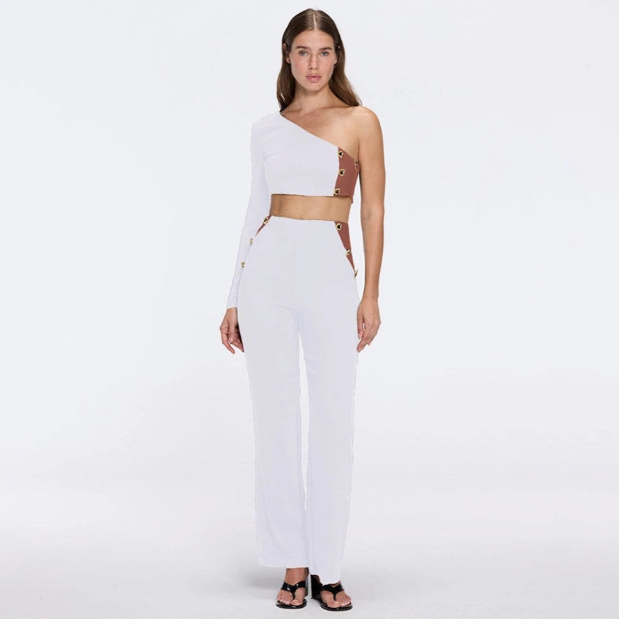 Evangeline White-Brown High-Waist Straight-Leg Pants | Moeva | Pants | Each week unveils new pieces—luxury swimwear, fluid resort silhouettes, and elevated summer-to-evening essentials designed to carry you from coastal escapes to city nights.