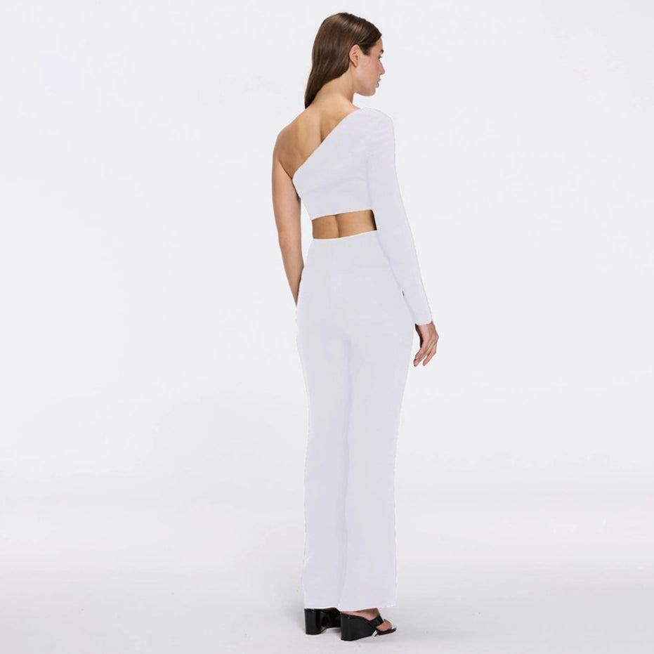 Villamar One-Shoulder Crop Top And Evangeline High Waist White-Brown Pants Set | Moeva | RTW Bustiers | Each week unveils new pieces—luxury swimwear, fluid resort silhouettes, and elevated summer-to-evening essentials designed to carry you from coastal escapes to city nights.