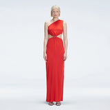 Violet Red One-Shoulder Textured Maxi Dress with Cut-Out Detail