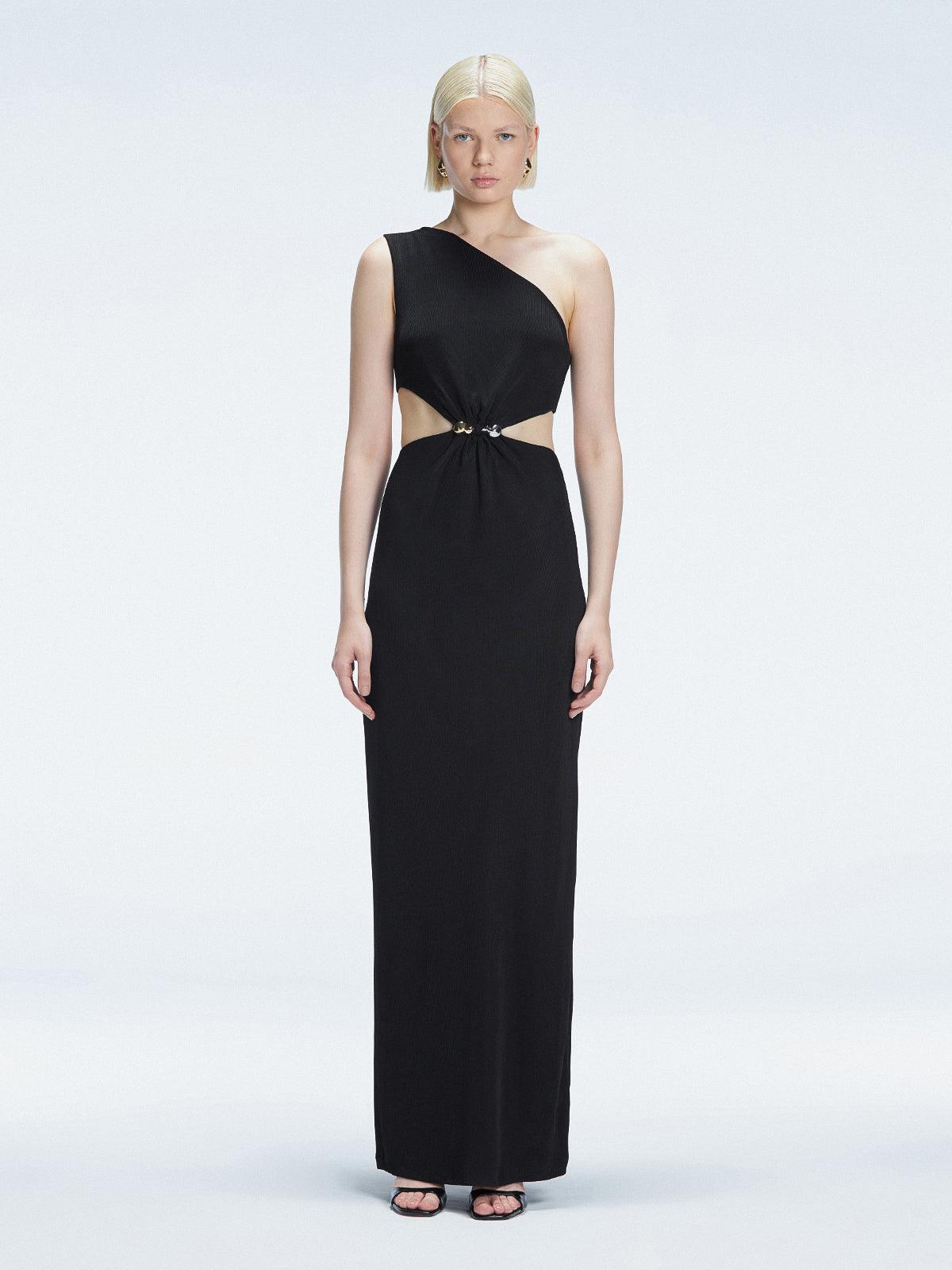 Front view of model wearing Violet Black Maxi Dress with one-shoulder design, cut-outs, and chic buckle detail.
