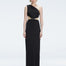 Front view of model wearing Violet Black Maxi Dress with one-shoulder design, cut-outs, and chic buckle detail.
